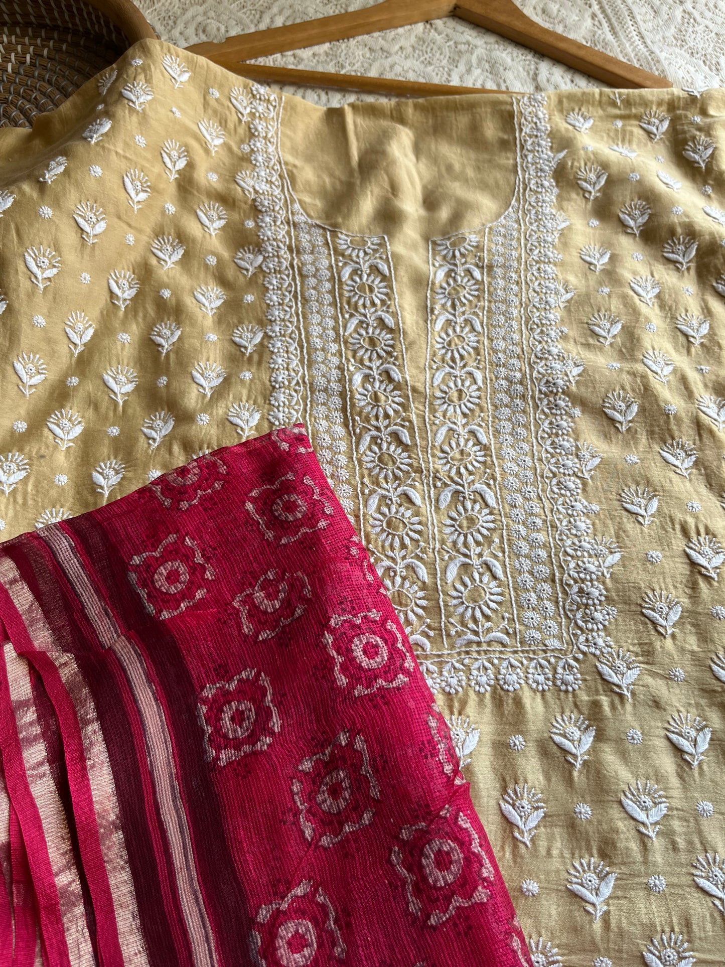 Chanderi Chikankari kurta with kota silk dupatta