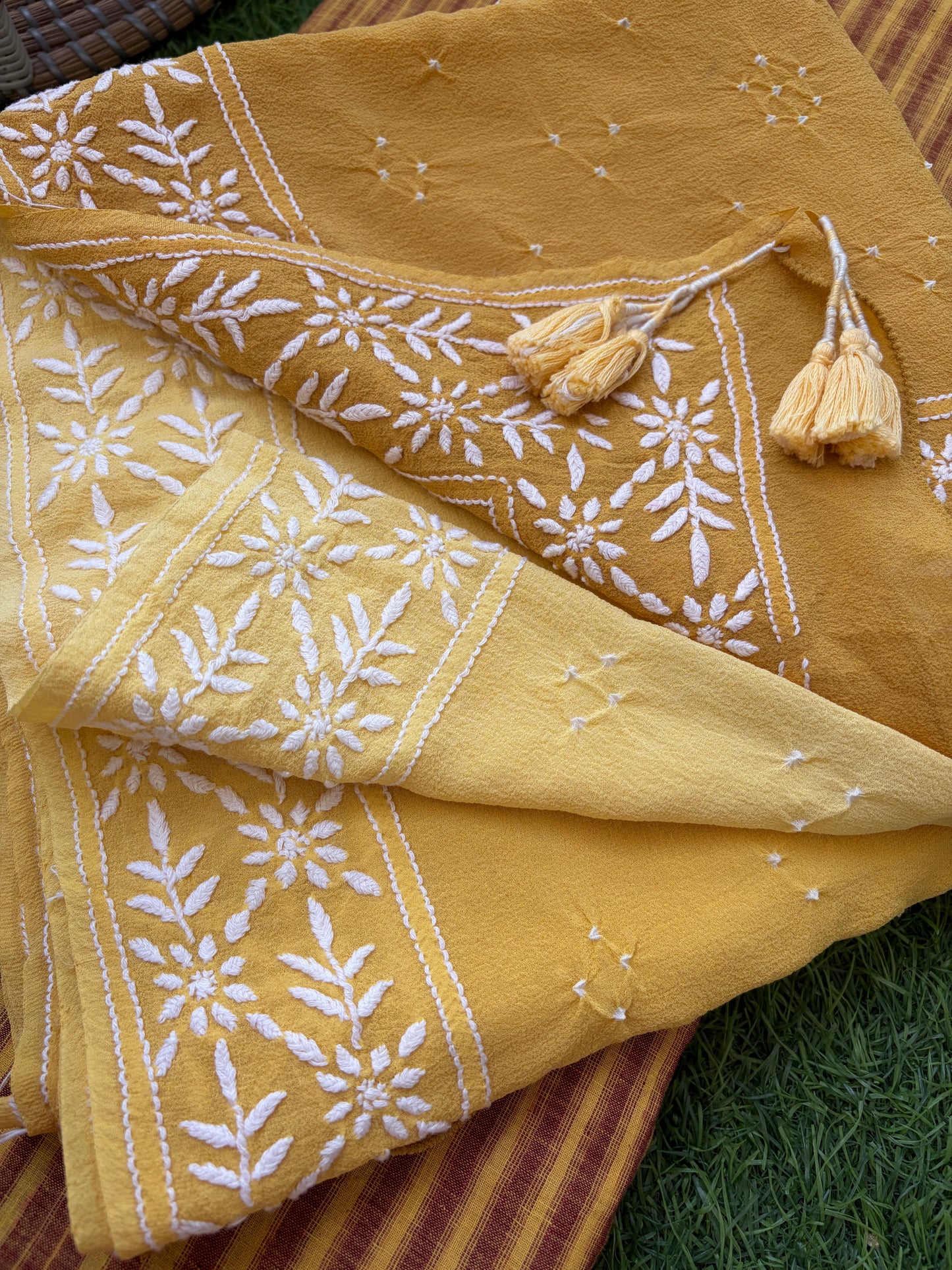 Khadi kurta bottom pure georgette chikankari bandhani dupatta