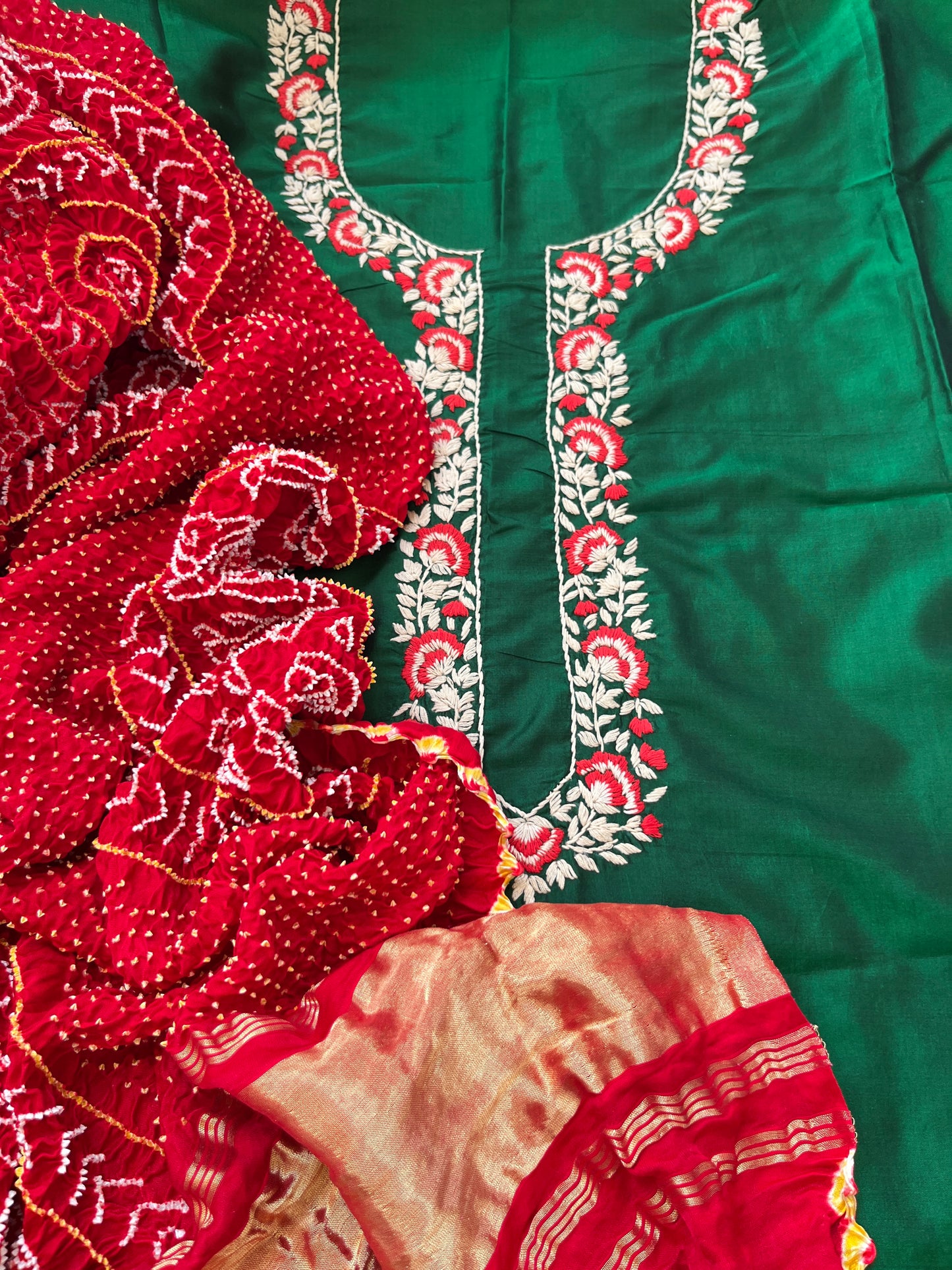 Silk thread work kurta fabric with Bandhani dupatta