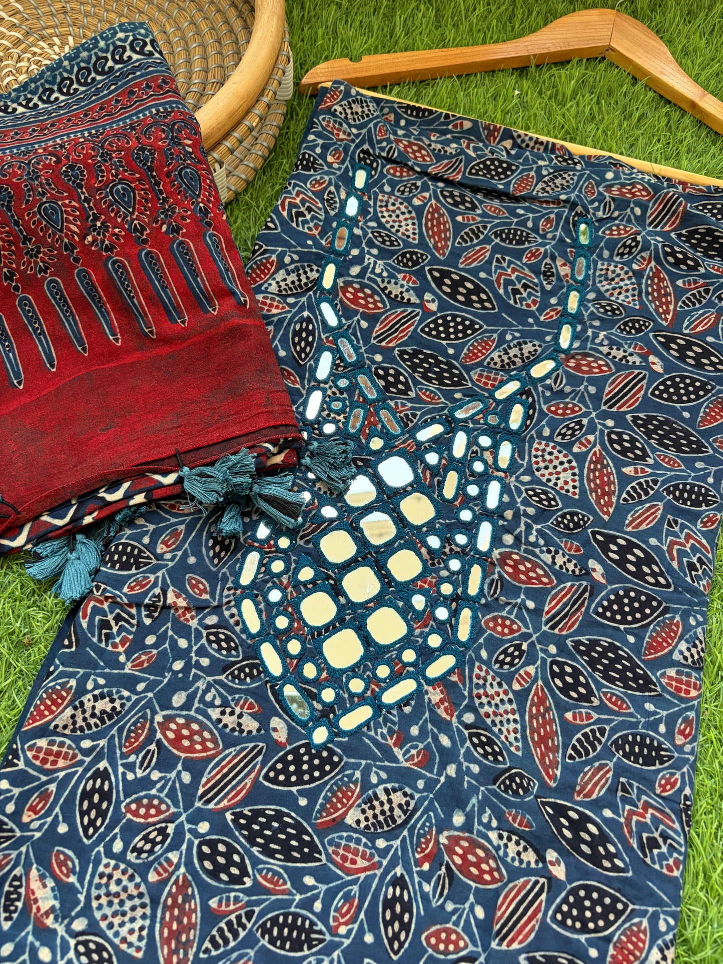 Ajrakh Cotton Mirror work kurta Dupatta