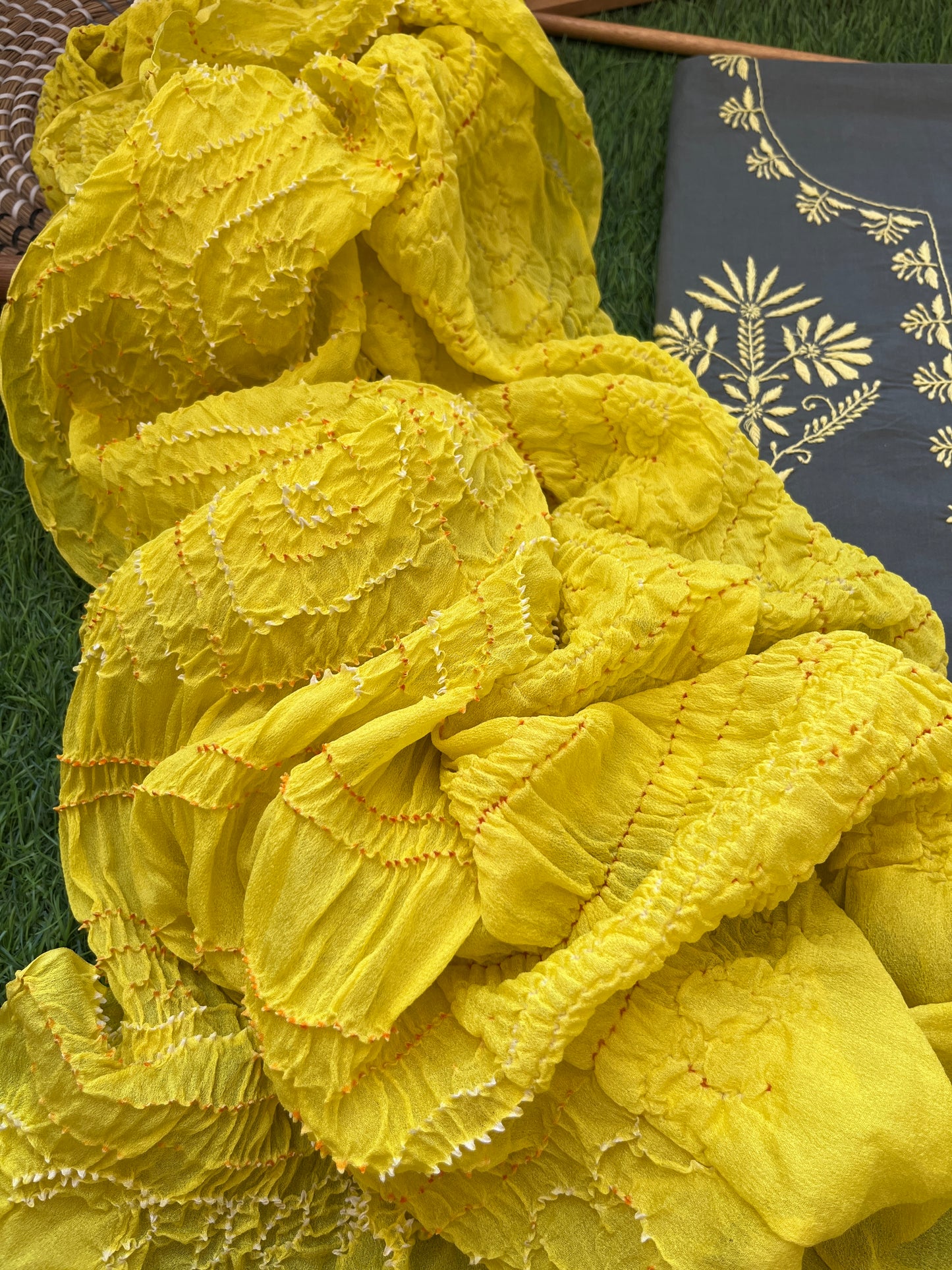 Cotton Chikankari kurta with chinon bandhani dupatta