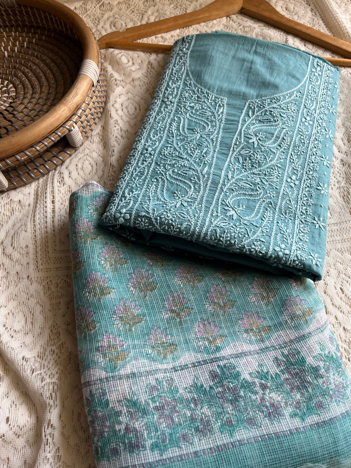 Cotton chikankari kurta kota doria dupatta