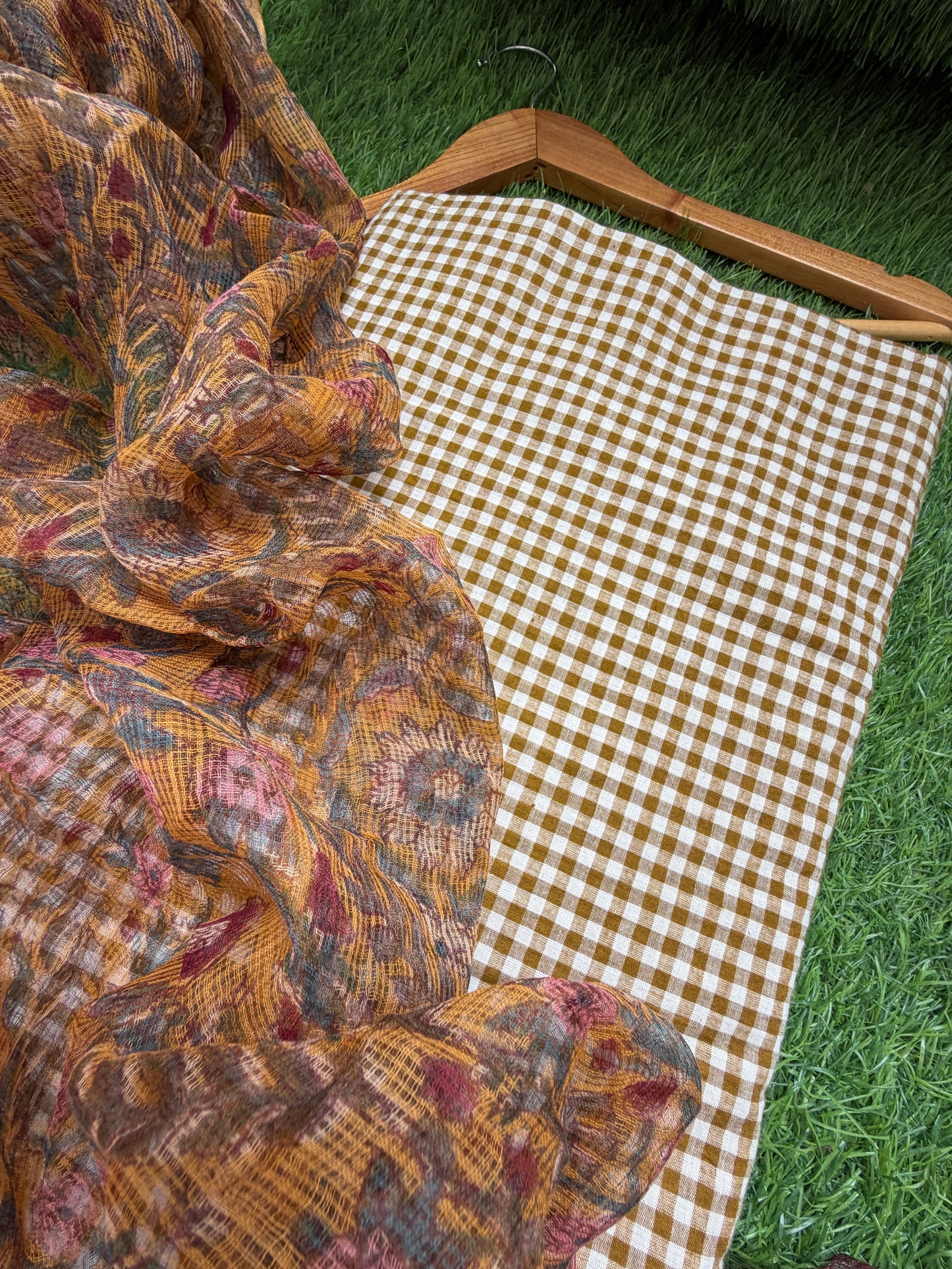 Khadi cotton check kurta bottom fabric kota dupatta