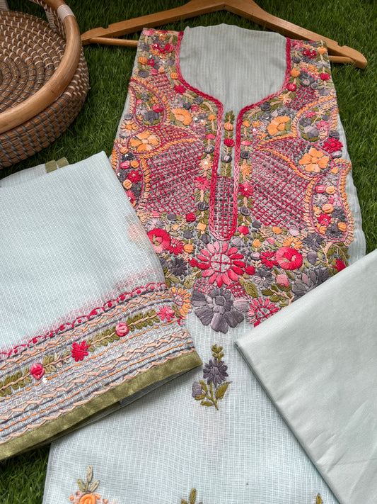 Kota hand embroidered kurta dupatta and plain bottom fabric