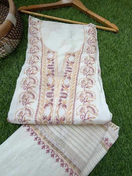 Semi stitched Chanderi Chikankari Kurta Dupatta