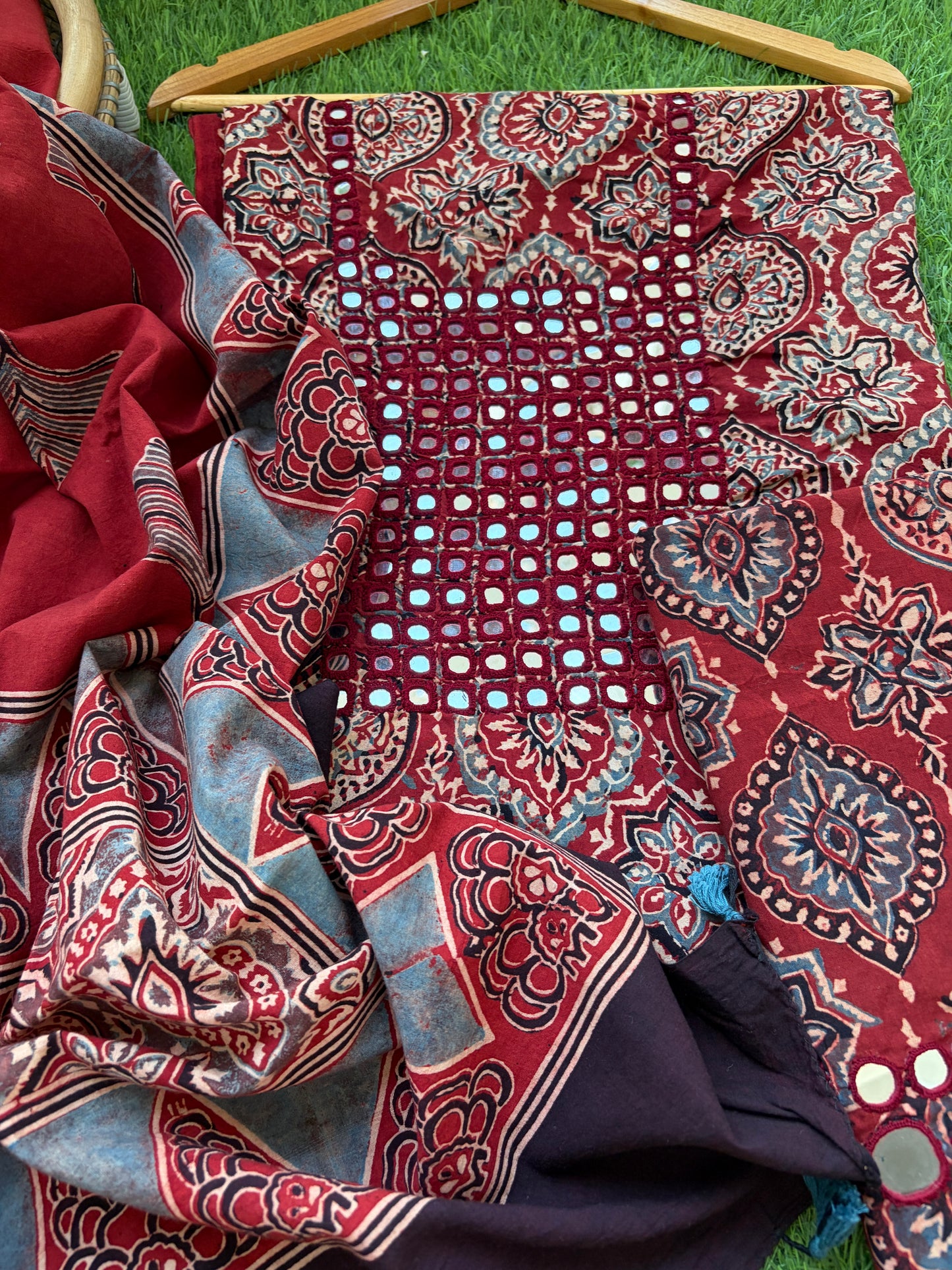 Ajrakh Cotton Mirror work kurta Bottom Dupatta