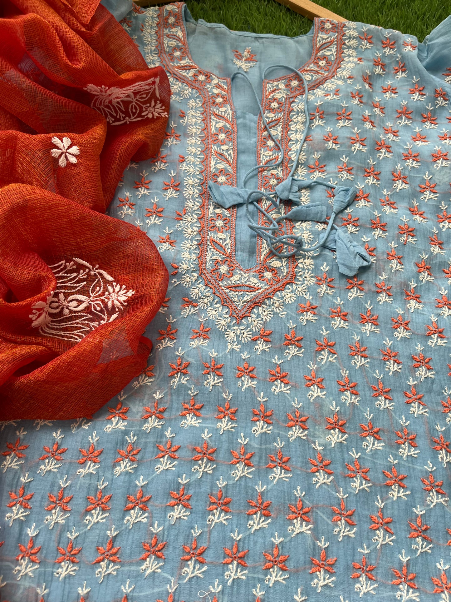 Chanderi Chikankari Kurta kota tissue Dupatta