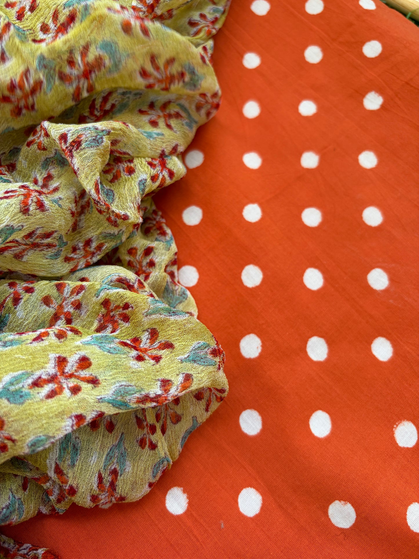 Block print polka kurta fabric chiffon dupatta