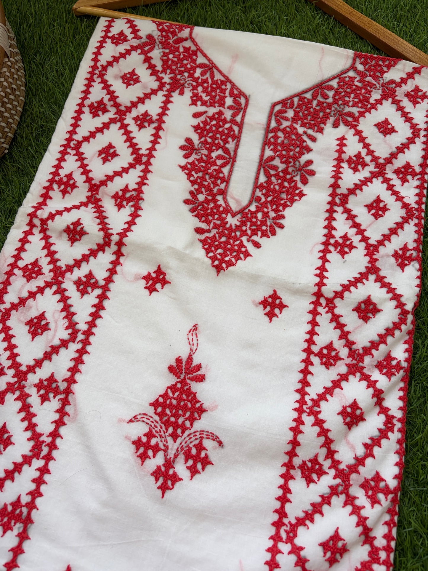 Cotton sindhi work kurta fabric with linen chikankari dupatta