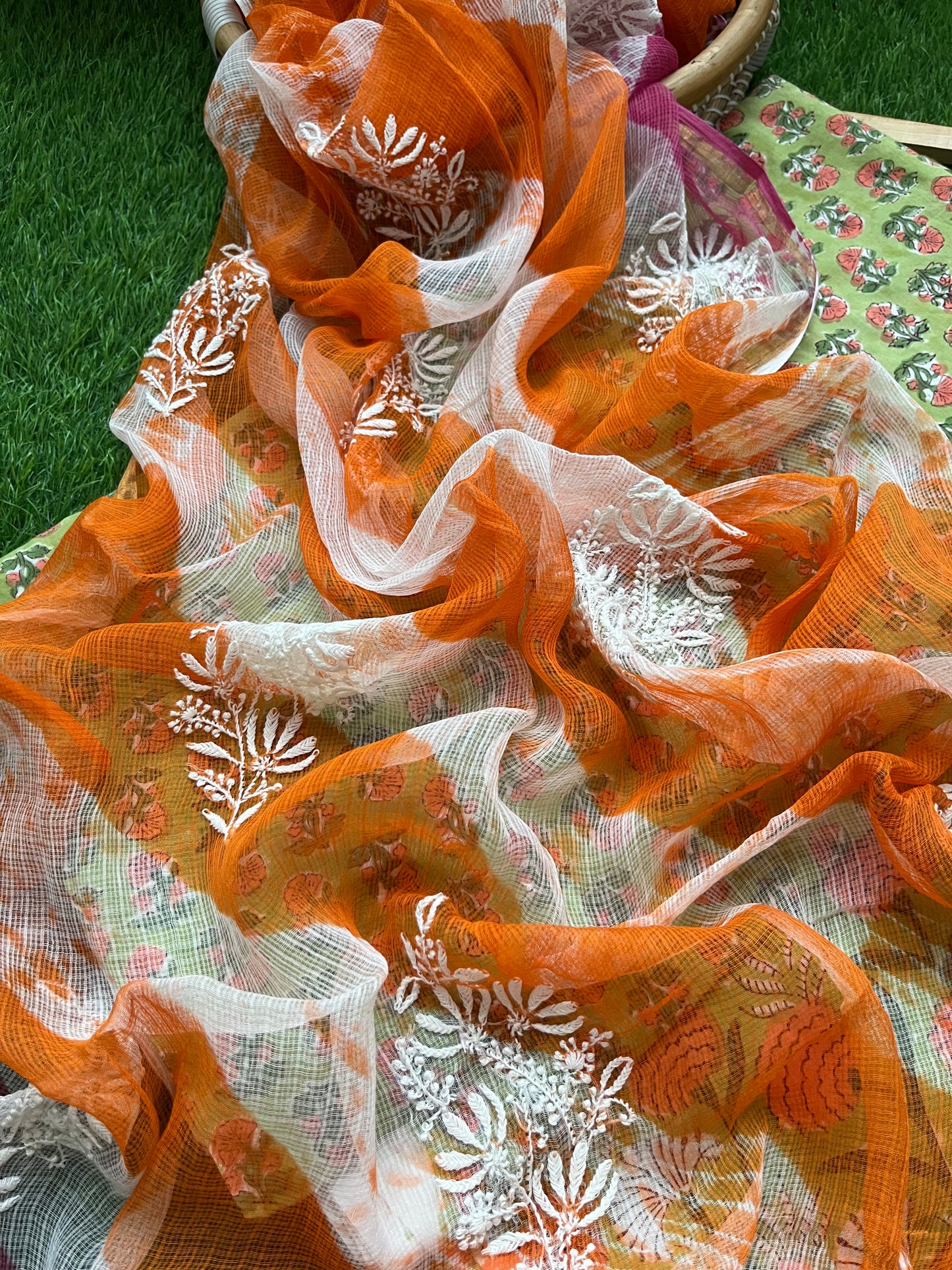 Kota doria Chikankari Dupatta with print kurta bottom Fabric
