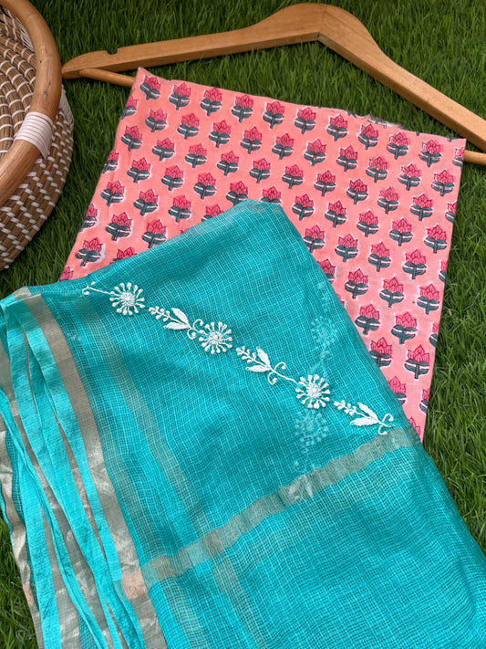 Chikankari kota silk Dupatta and block print kurta Fabric