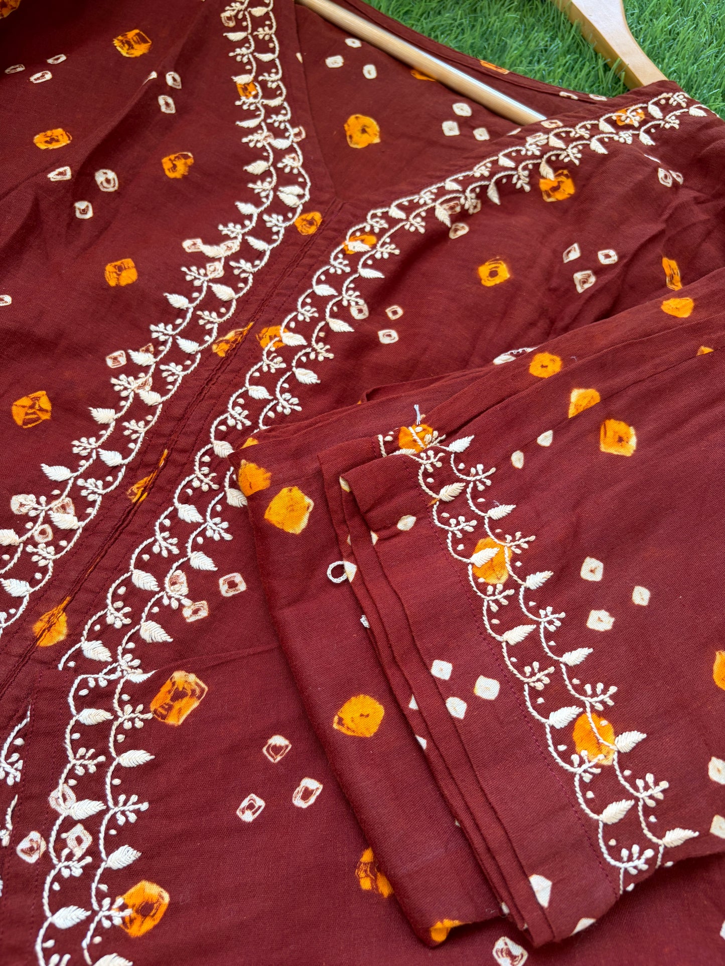 Cotton Bandhani chikan shirt and a-bottom