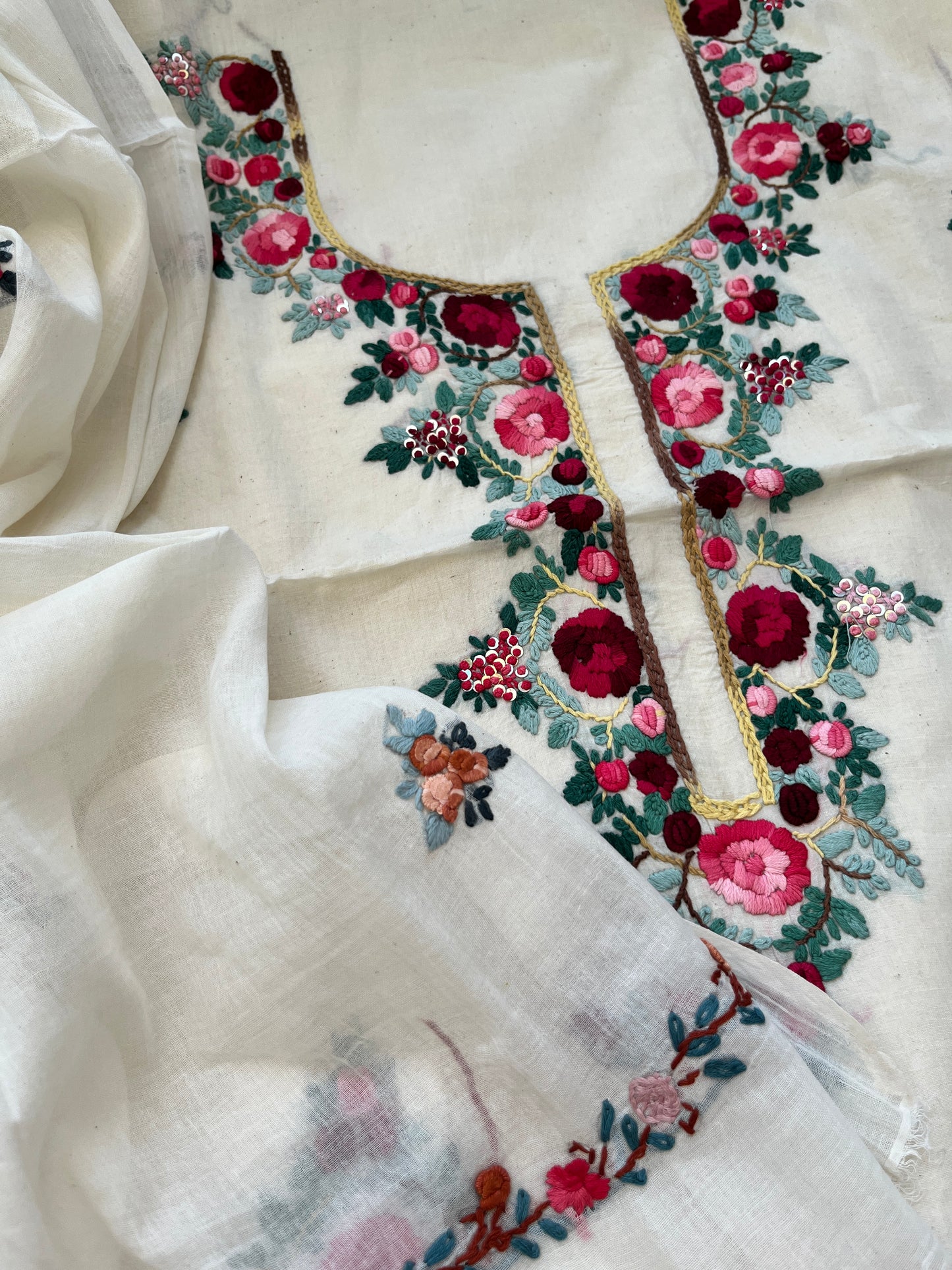 Handwoven Cotton knot work embroidered kurta dupatta and plain bottom fabric