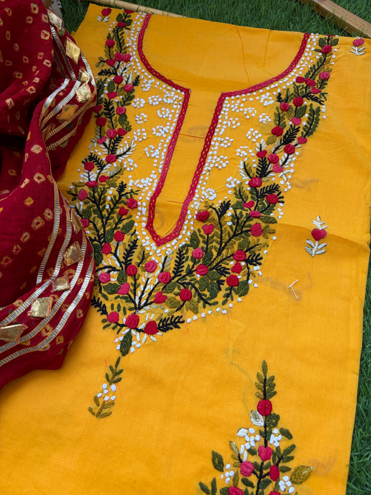 Cotton knot work kurta bandhani gota Dupatta