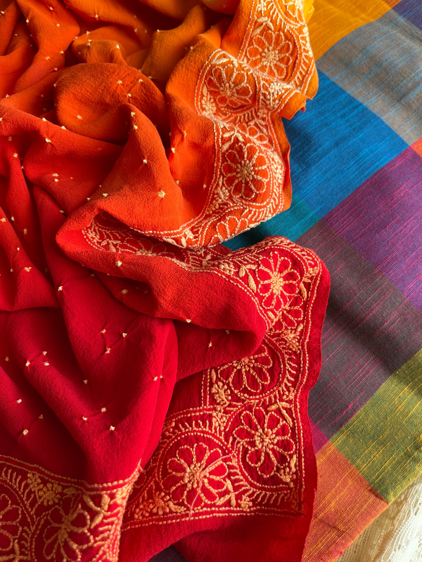 Cotton kurta bottom pure georgette chikankari bandhani dupatta