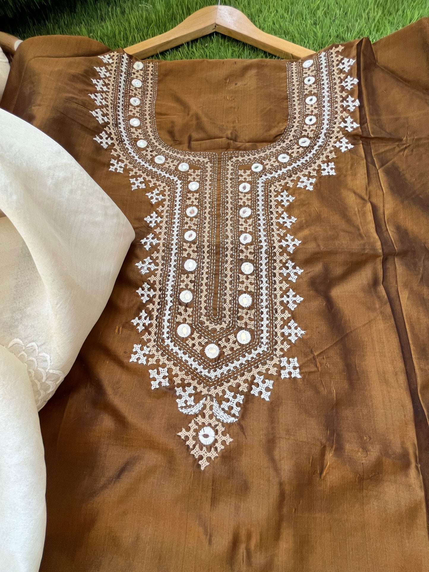Silk sindhi work kurta fabric with silk chikankari dupatta