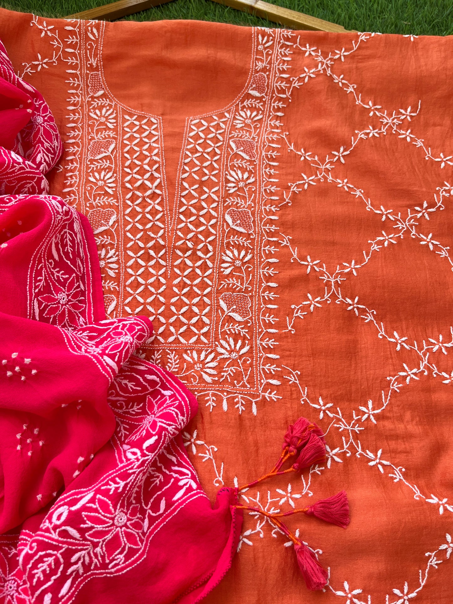 Chanderi Chikankari kurta with georgette dupatta
