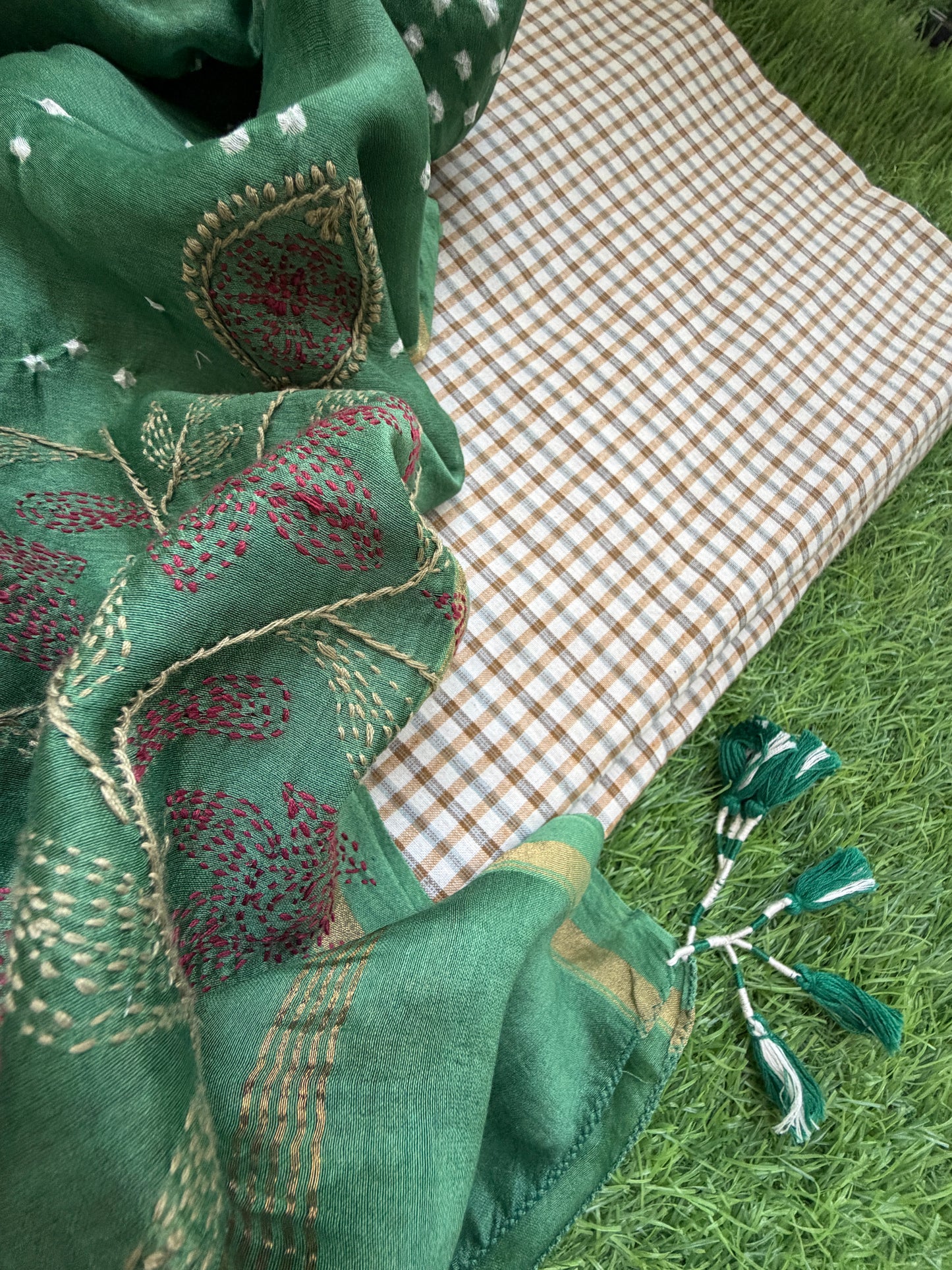 Khadi check kurta bottom pure chanderi bandhani chikankari dupatta