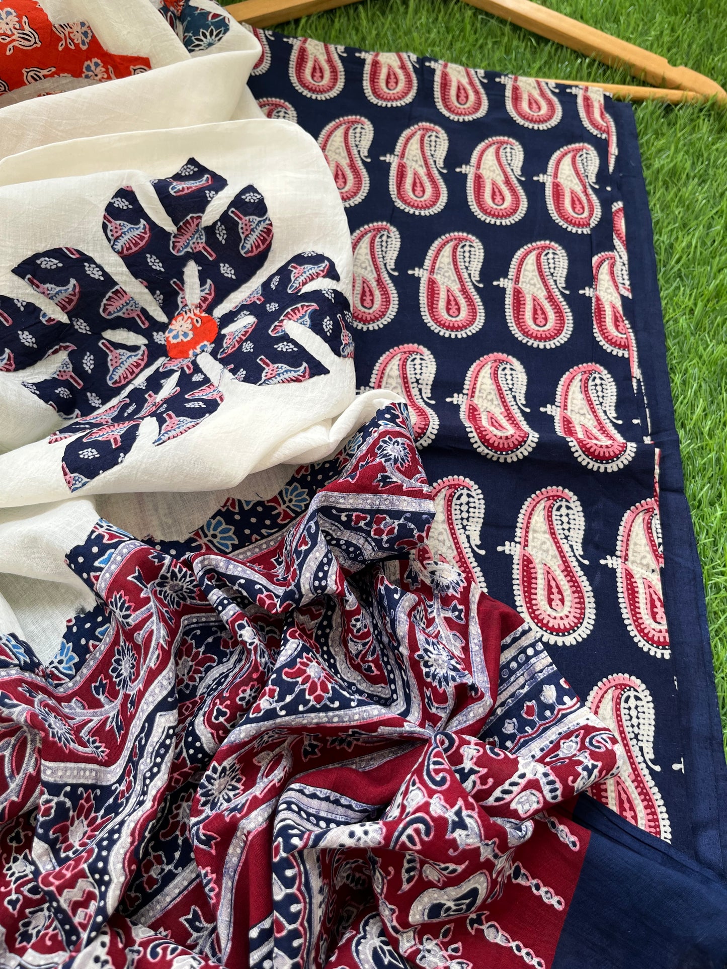 Cotton ajrakh kurta applique work dupatta set