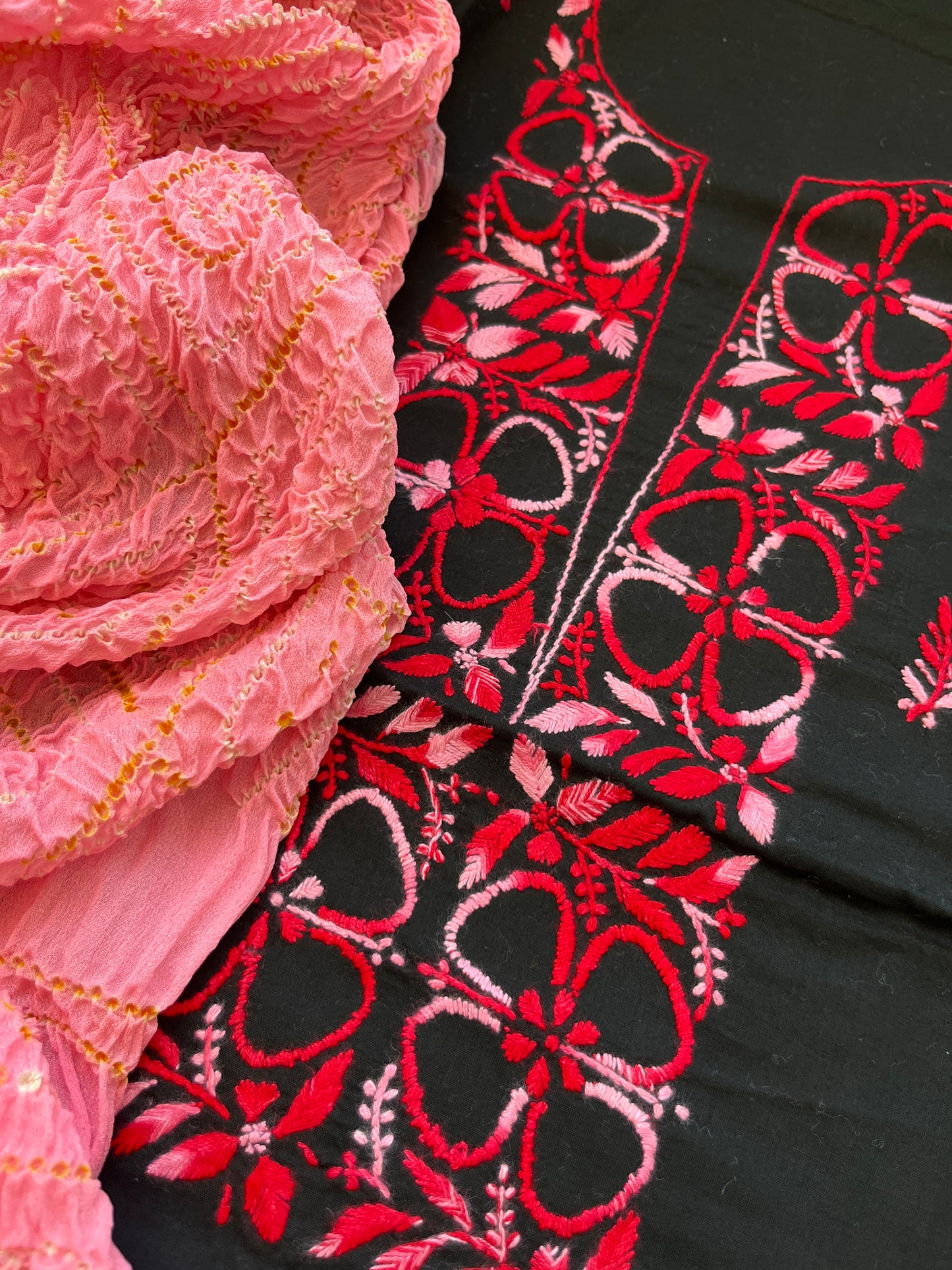 Cotton Chikankari kurta with chinon bandhani dupatta