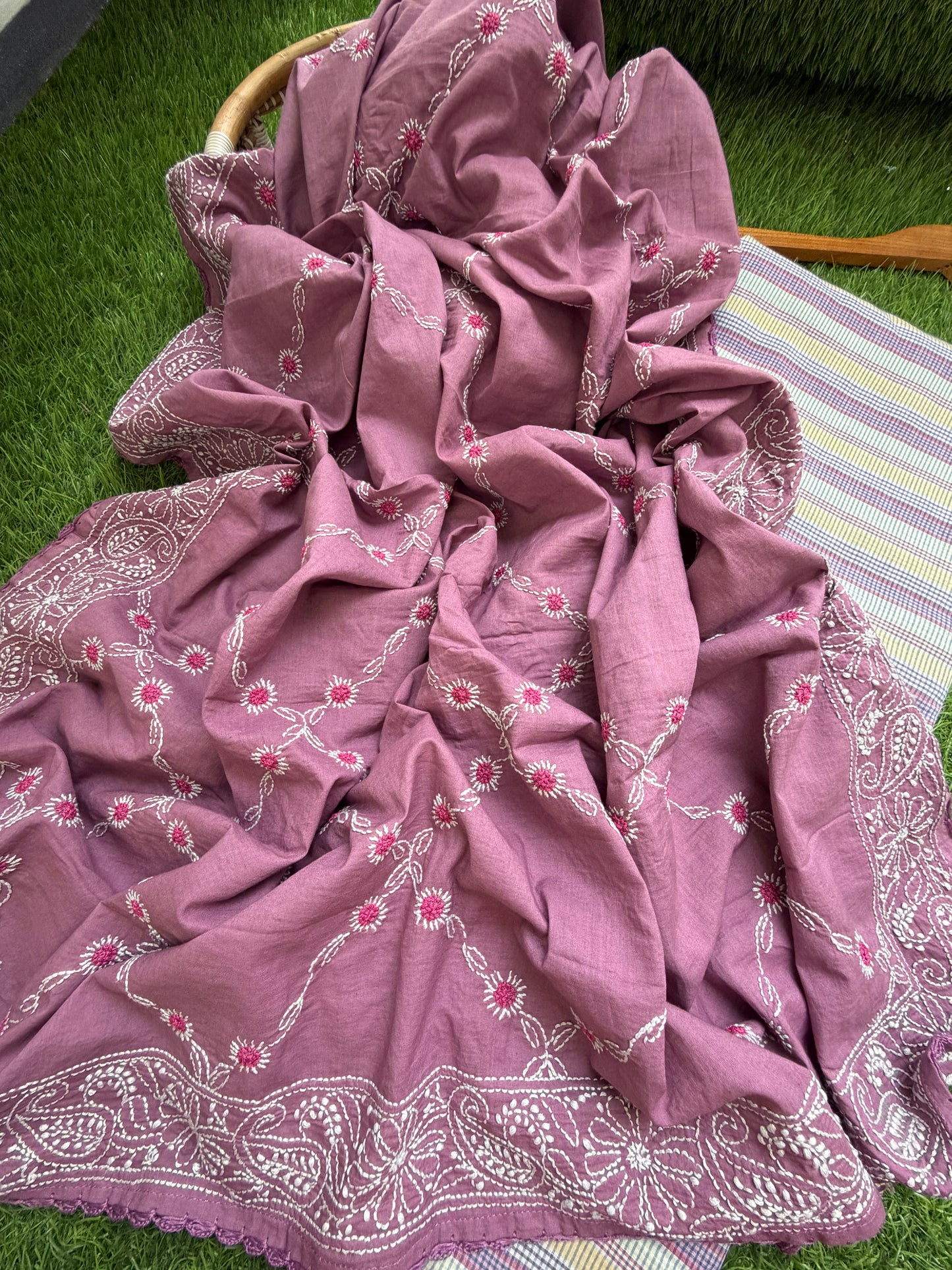 Khadi check kurta mul cotton chikankari dupatta