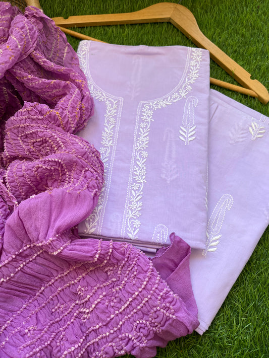 Cotton Chikankari kurta with chinon bandhani dupatta