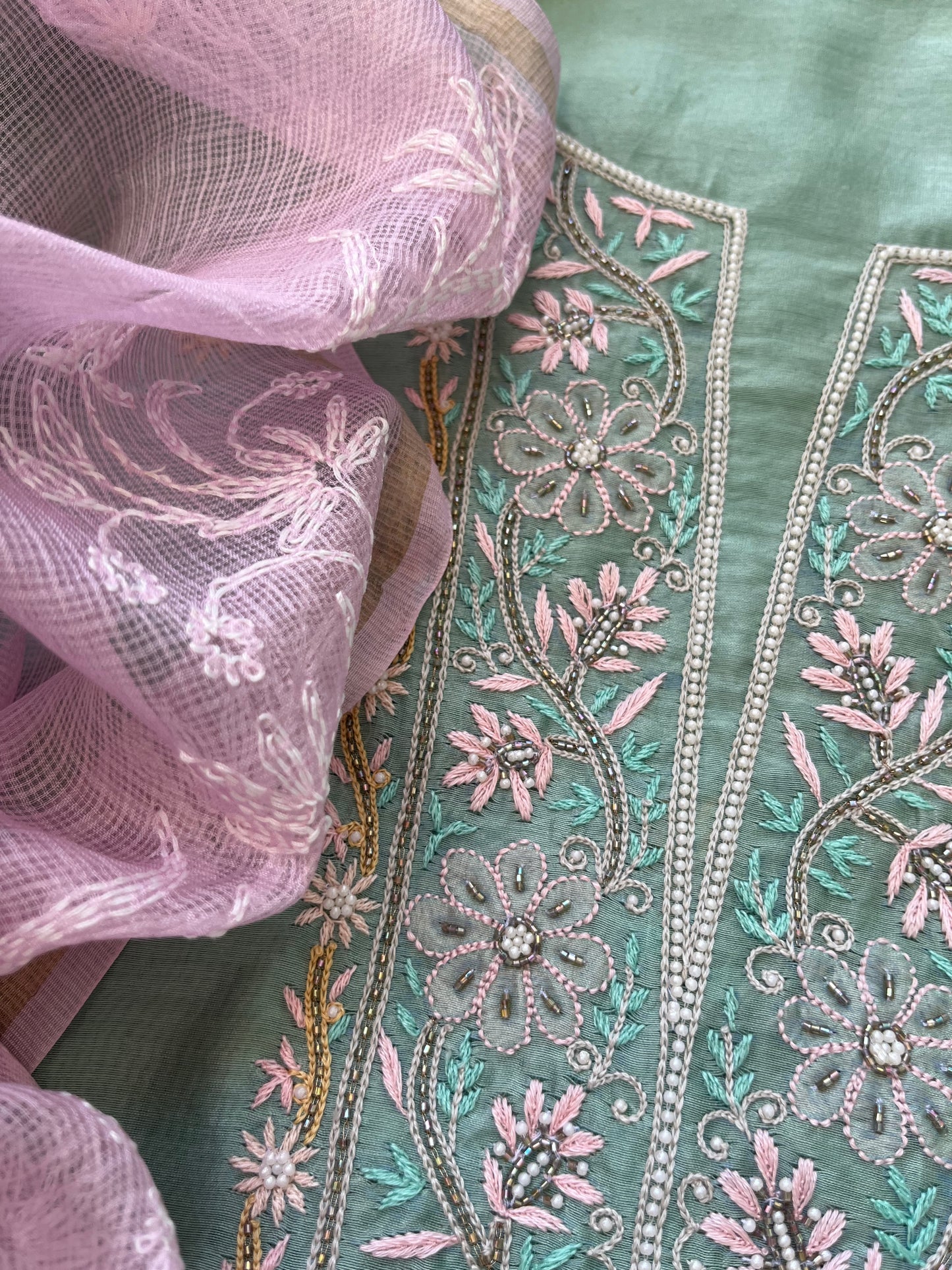 Hand embroidered chanderi kurta kota silk chikan work dupatta