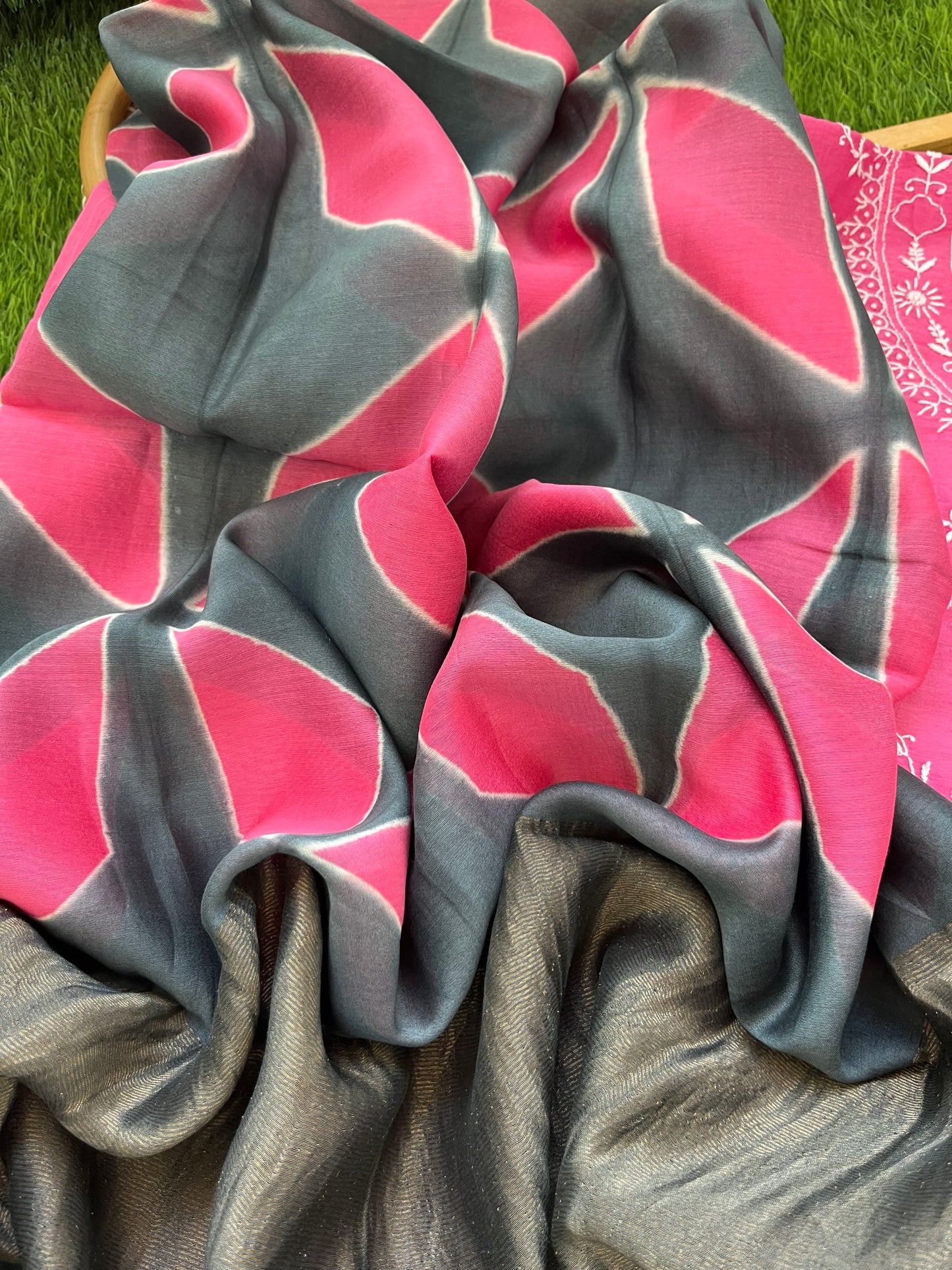 Chanderi Chikankari Kurta clamp dye Dupatta