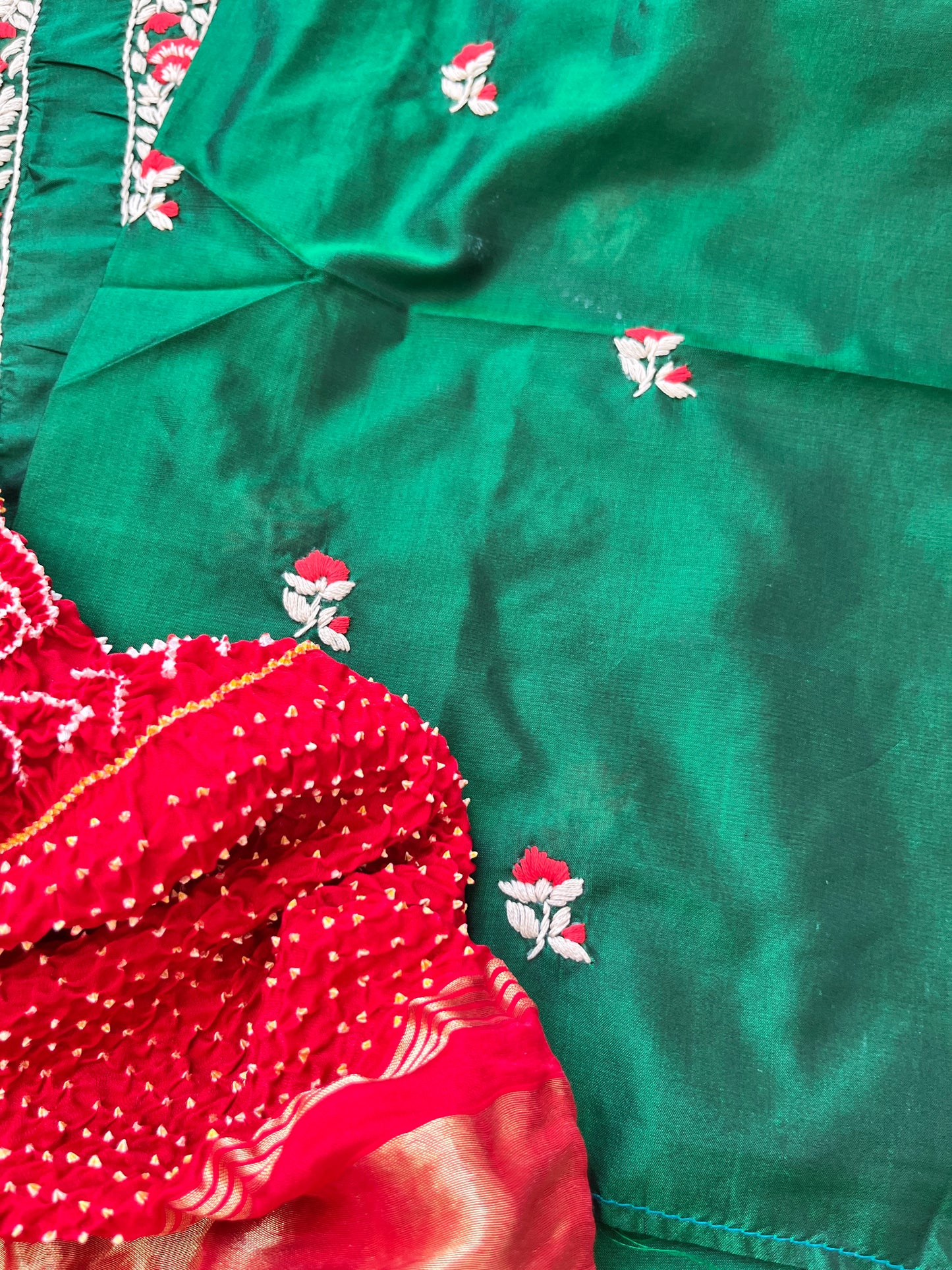 Silk thread work kurta fabric with Bandhani dupatta