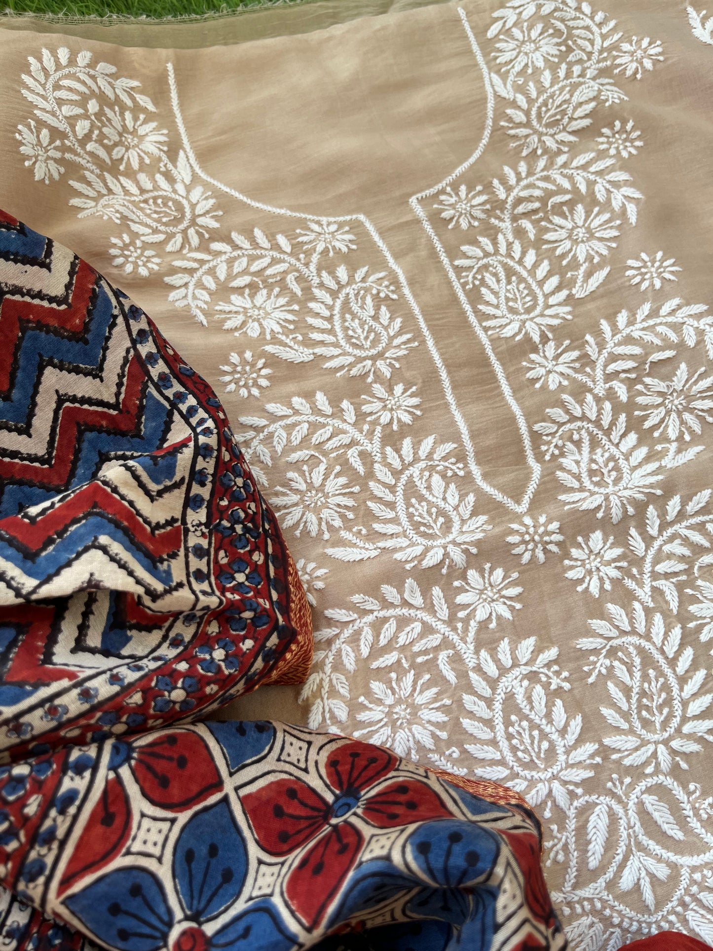 Chanderi Chikankari Kurta ajrakh Dupatta