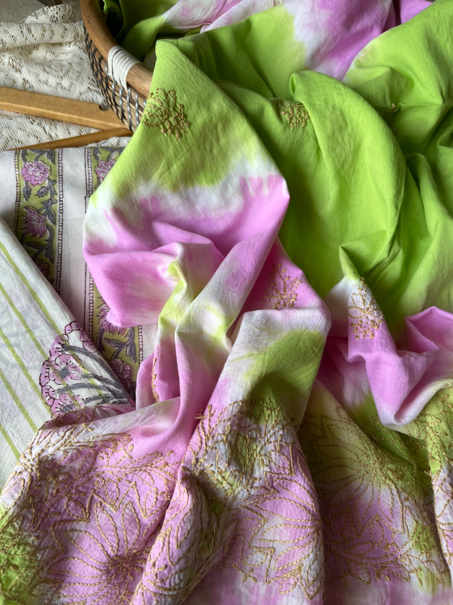 Cotton block print kurta bottom chikankari dupatta