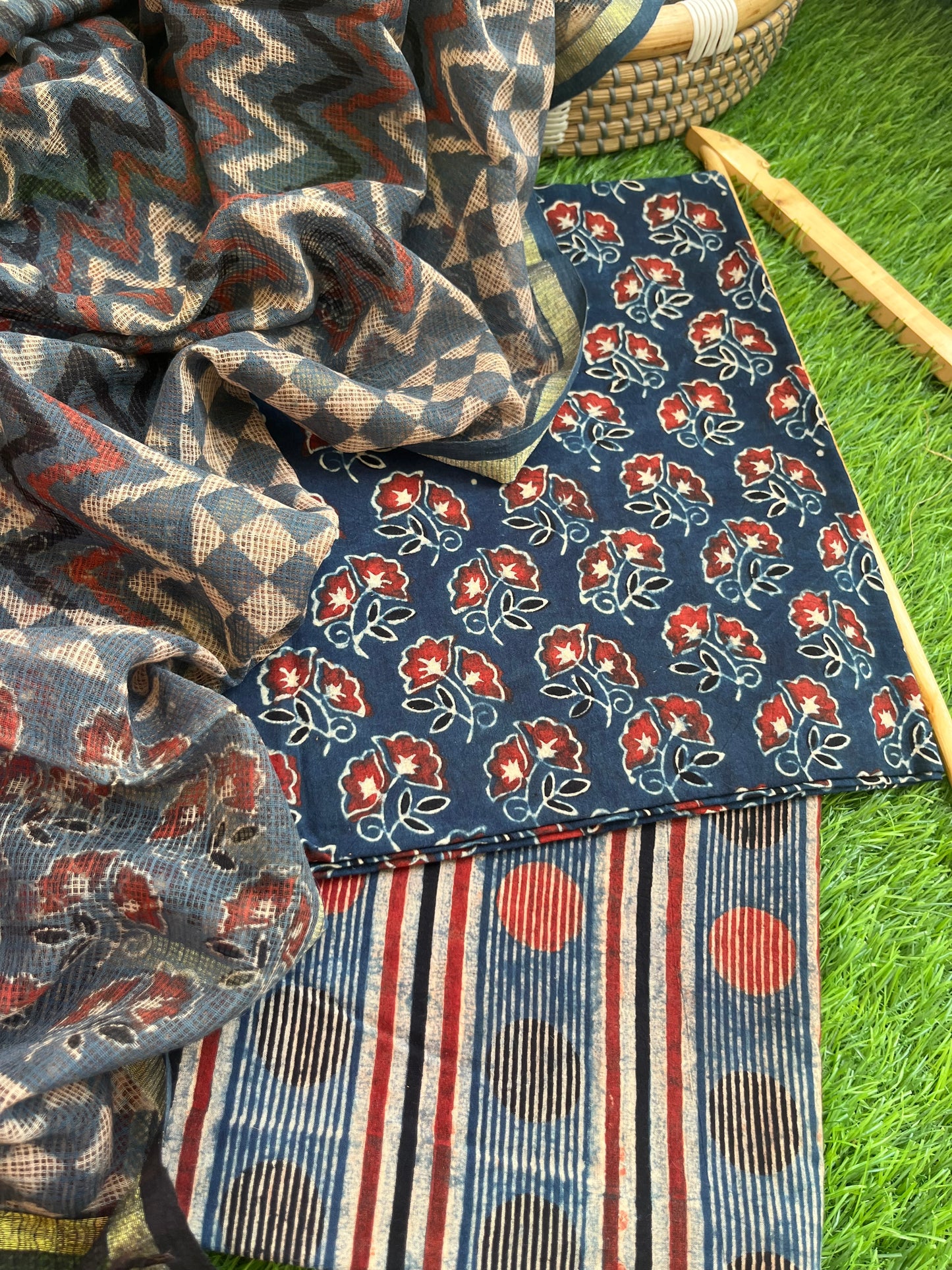 Ajrakh cotton Kurta bottom and kota doria dupatta