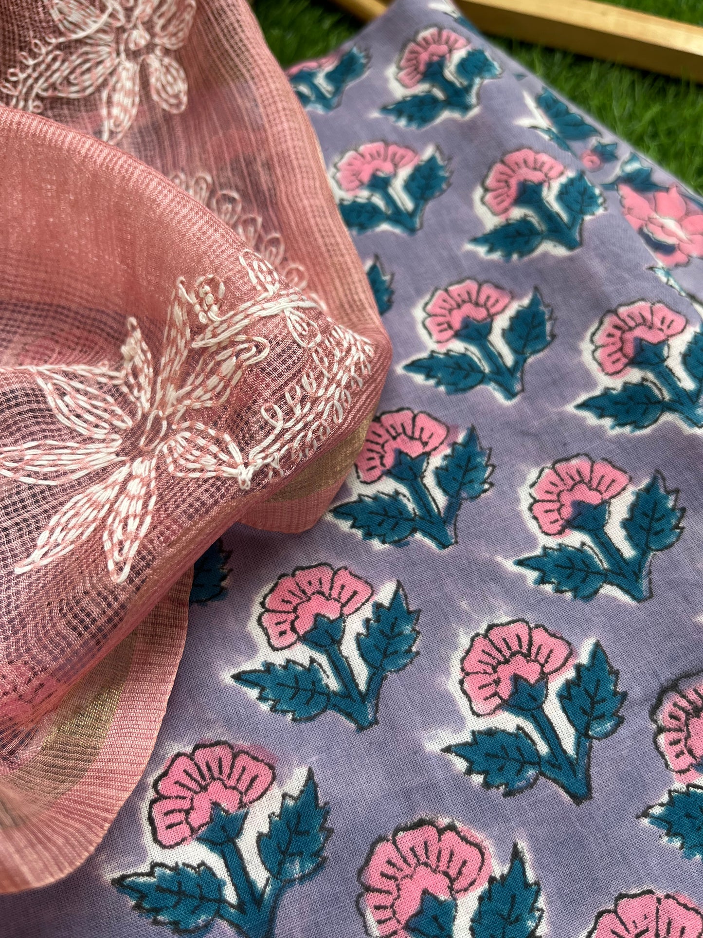 Kota silk Chikankari Dupatta with cotton kurta bottom Fabric