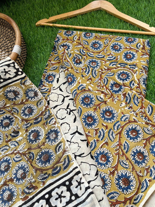 Cotton Kalamkari block print kurta bottom Dupatta