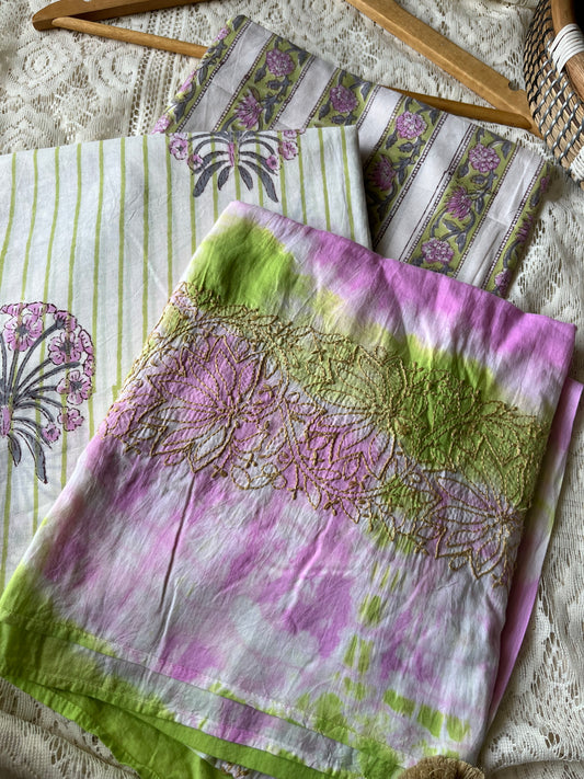 Cotton block print kurta bottom chikankari dupatta