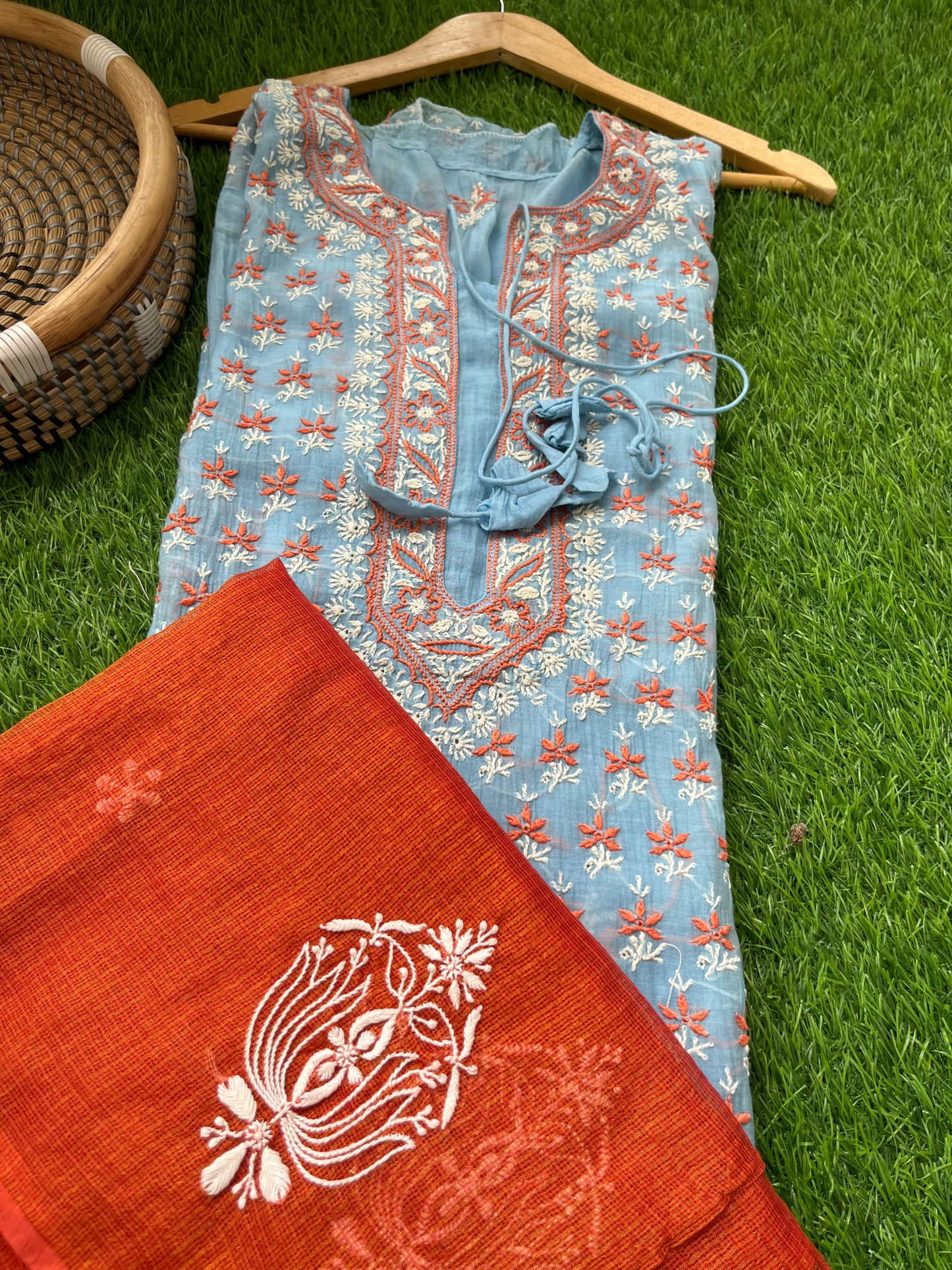 Chanderi Chikankari Kurta kota tissue Dupatta