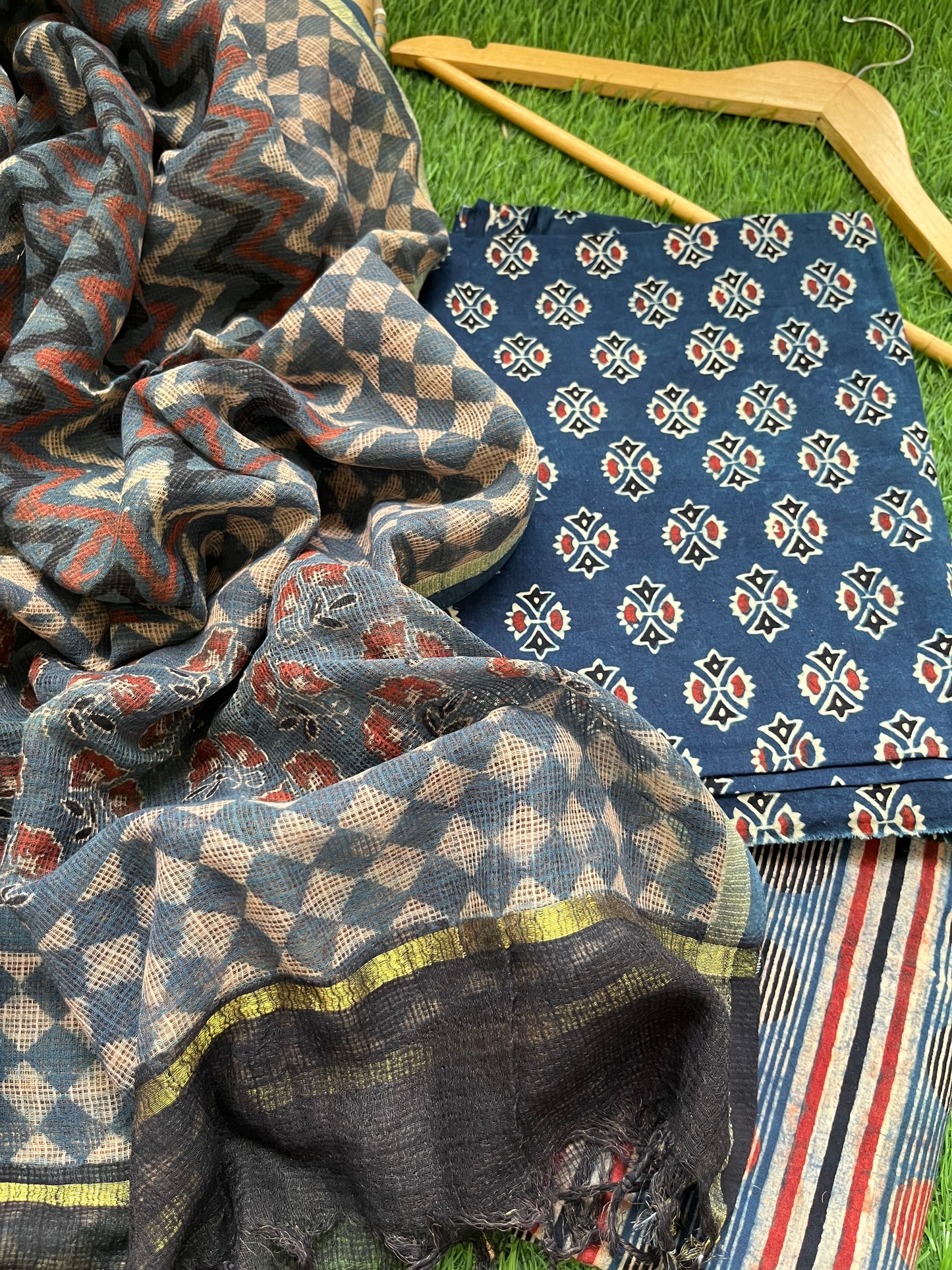 Cotton block print kurta bottom kota doria ajrakh dupatta