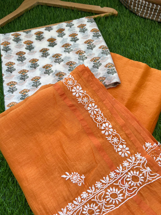 Chanderi silk Chikankari Dupatta with chanderi kurta bottom Fabric