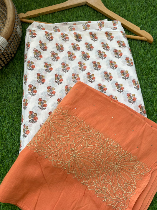 Cotton block print kurta bottom chikankari dupatta