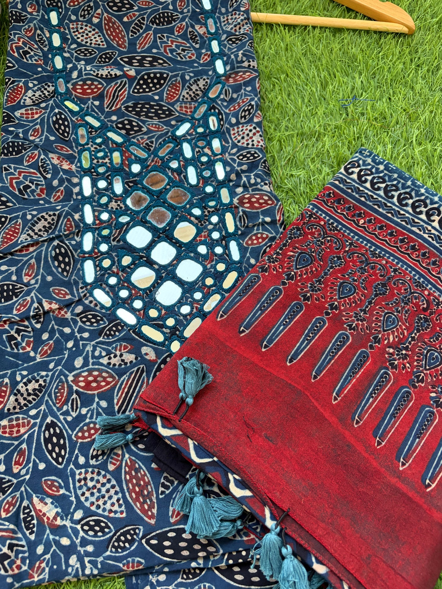 Ajrakh Cotton Mirror work kurta Dupatta