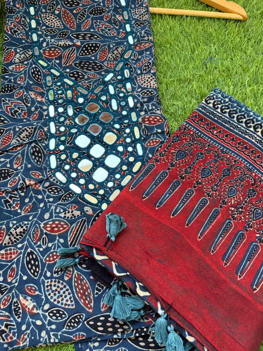 Ajrakh Cotton Mirror work kurta Dupatta