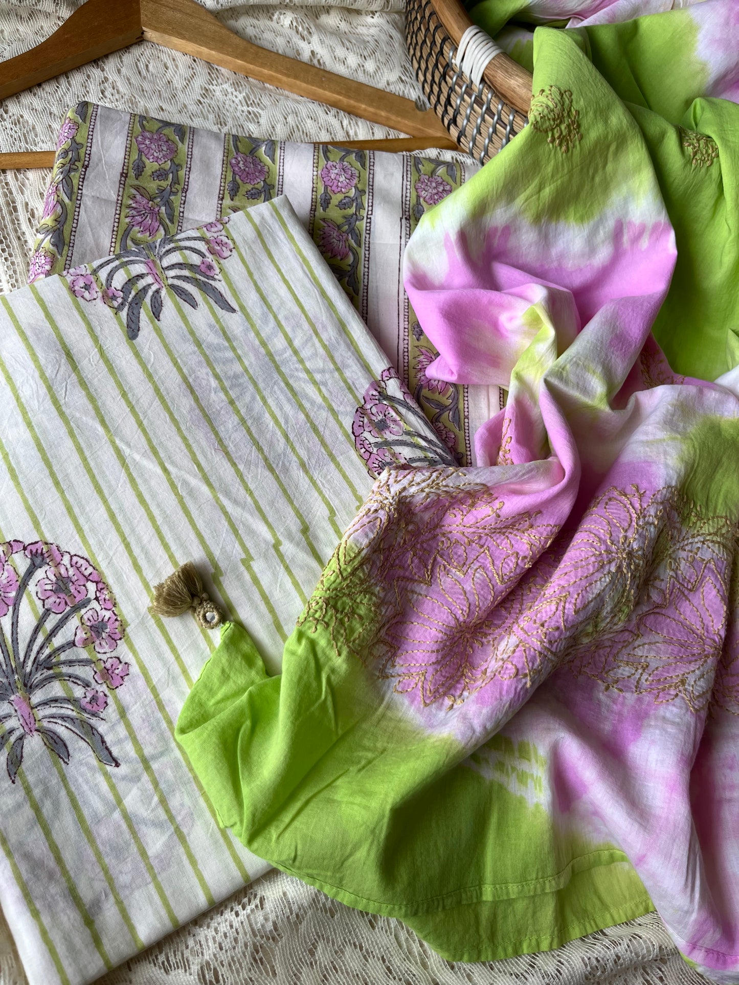 Cotton block print kurta bottom chikankari dupatta