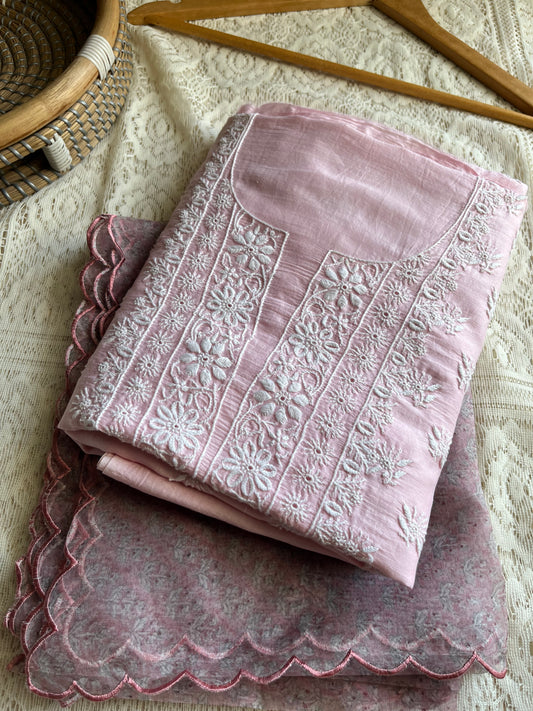 Chanderi Chikankari kurta with organza dupatta