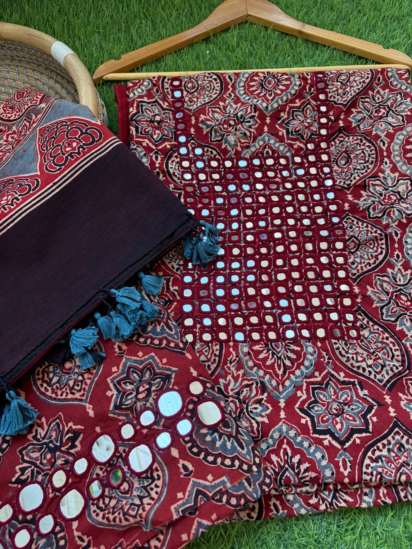 Ajrakh Cotton Mirror work kurta Bottom Dupatta