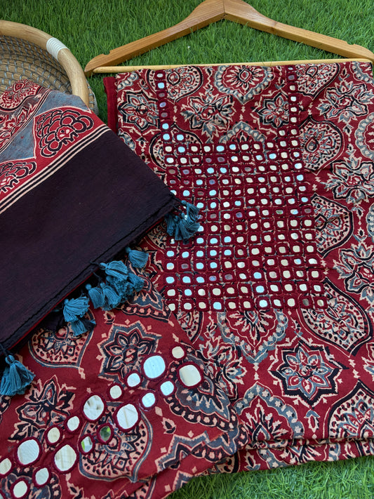 Ajrakh Cotton Mirror work kurta Bottom Dupatta