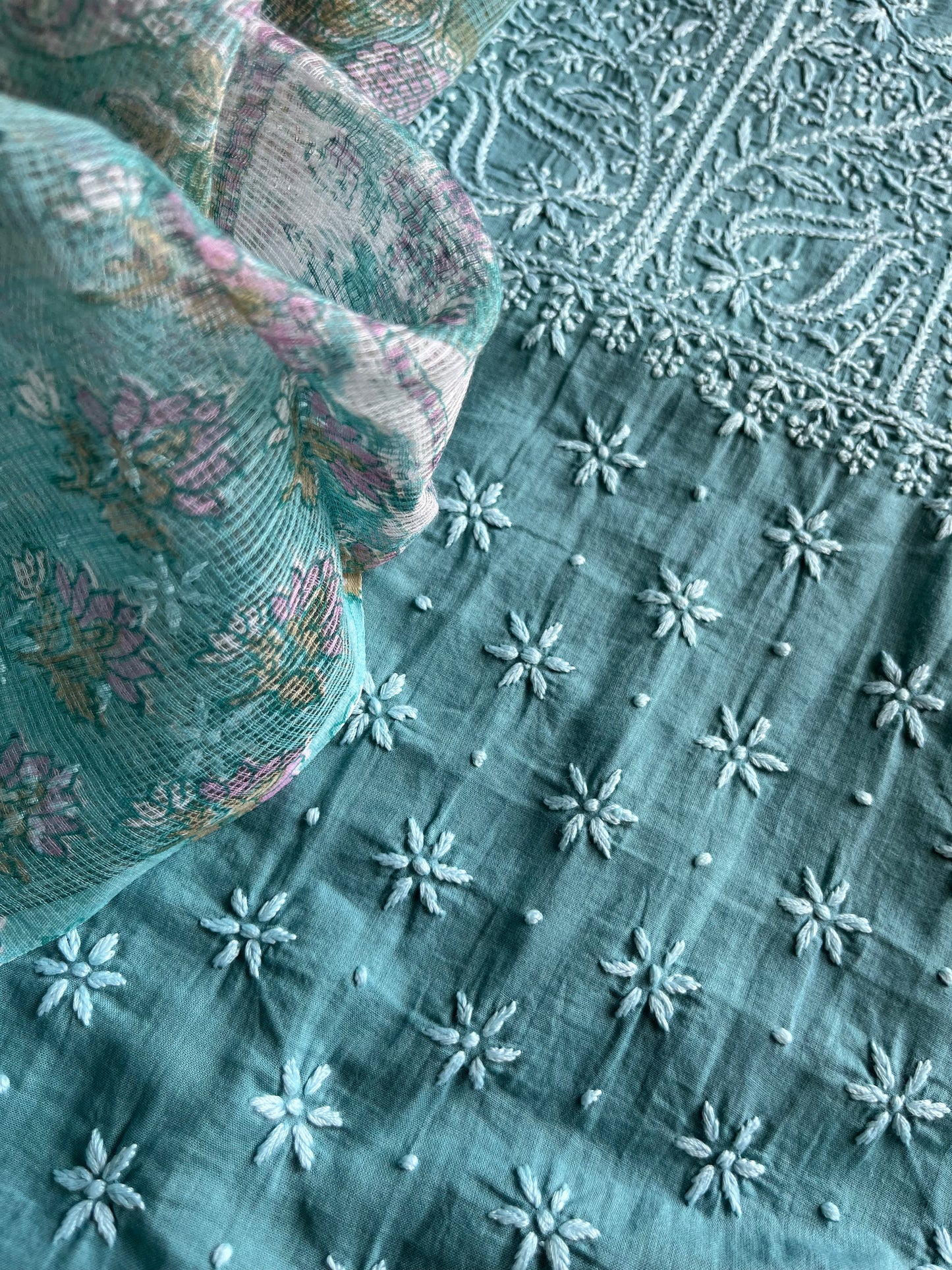 Cotton chikankari kurta kota doria dupatta