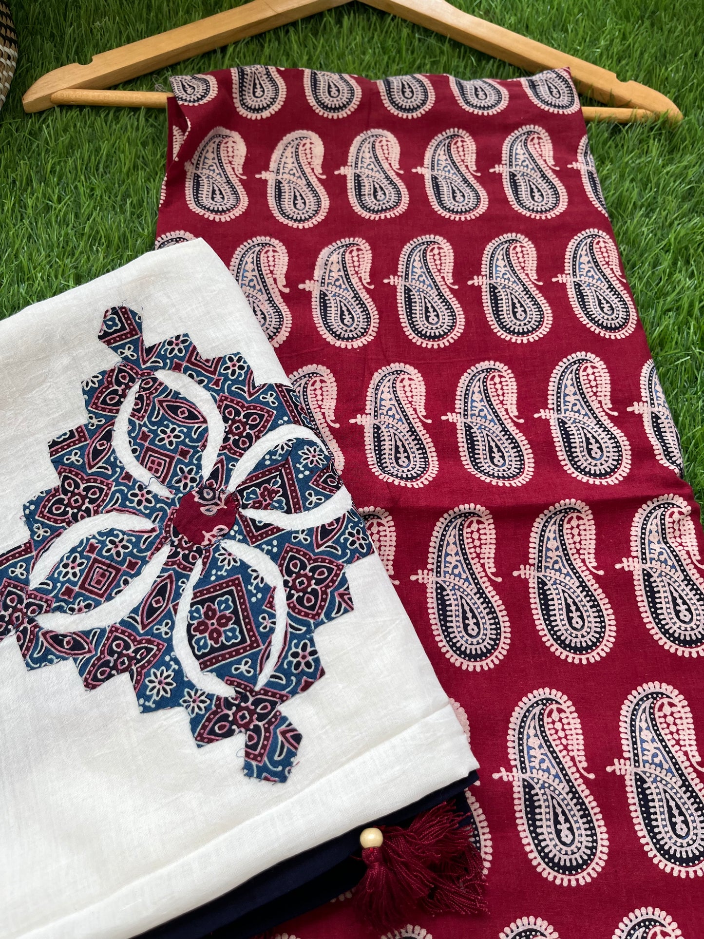 Cotton ajrakh kurta applique work dupatta set