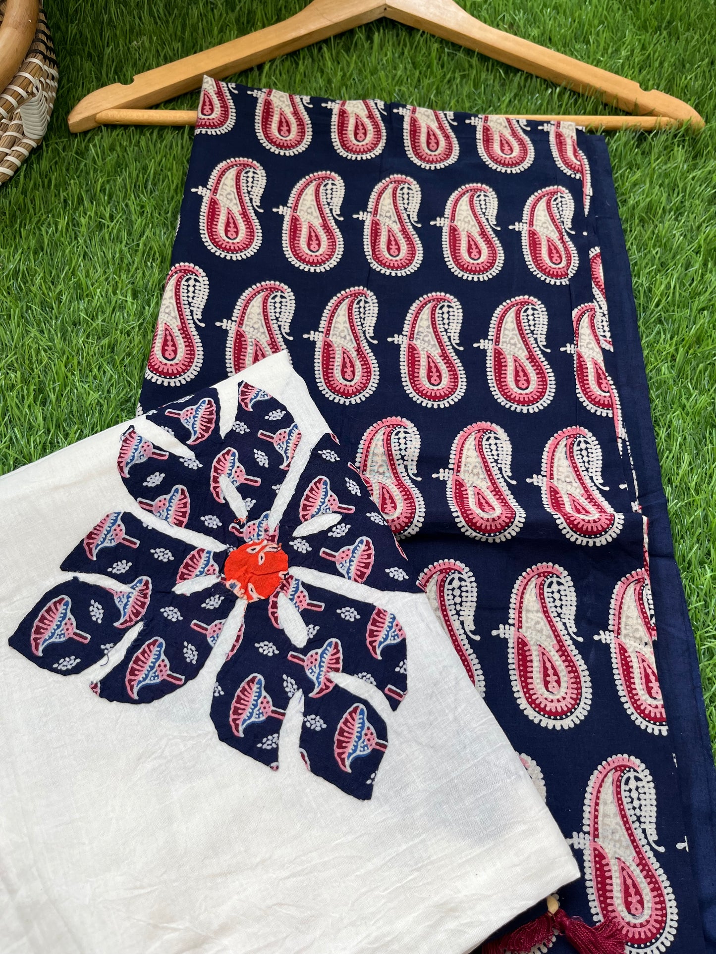 Cotton ajrakh kurta applique work dupatta set