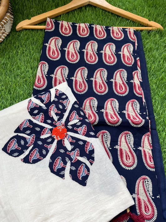 Cotton ajrakh kurta applique work dupatta set