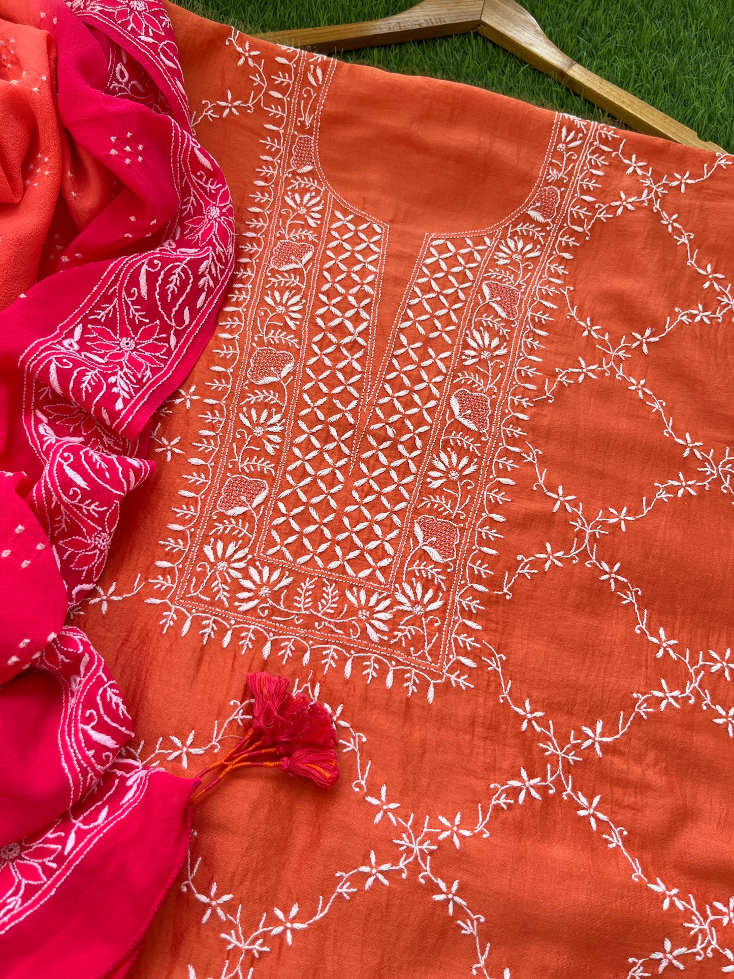 Chanderi Chikankari kurta with georgette dupatta